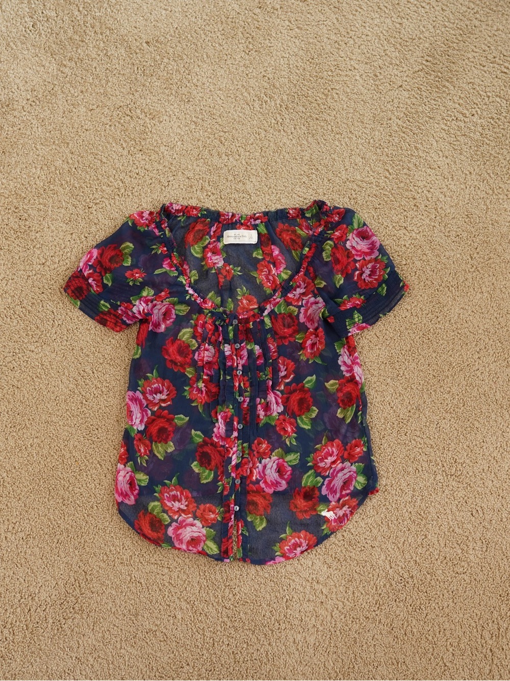 Abercrombie & Fitch Navy Floral Sheer Top with Pink & Red Roses